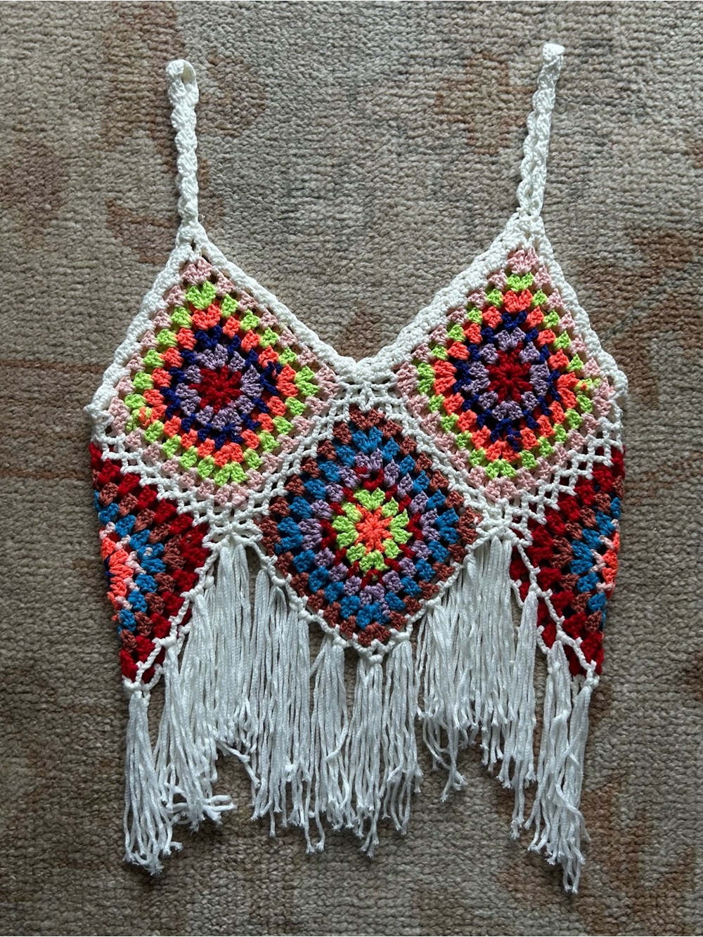 loose knit bohemian crochet tank top with colorful granny square design & fringe